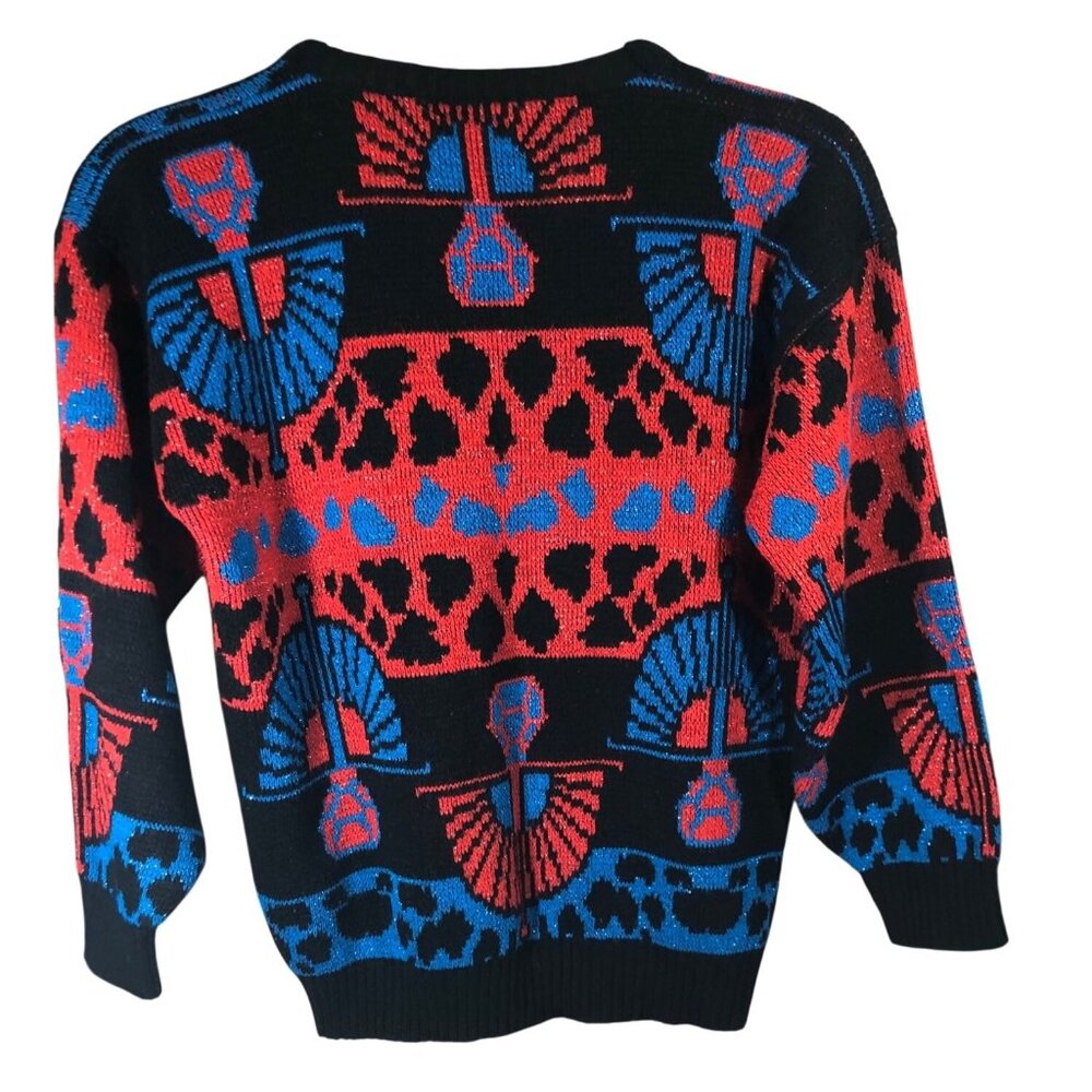Vintage Lauren Knitwear Sweater Womens M 80s Red Blue Geometric Egyptian USA Shi - Picture 6 of 10